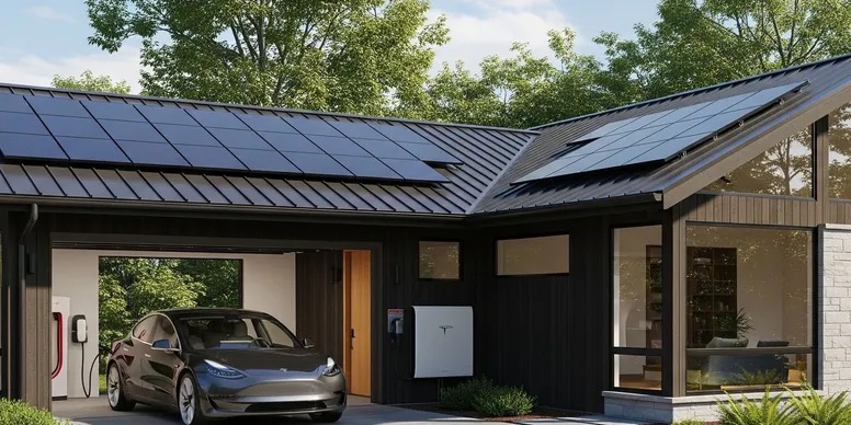 Illustration of a modern home with rooftop solar, a home battery and an EV charging in the garage
