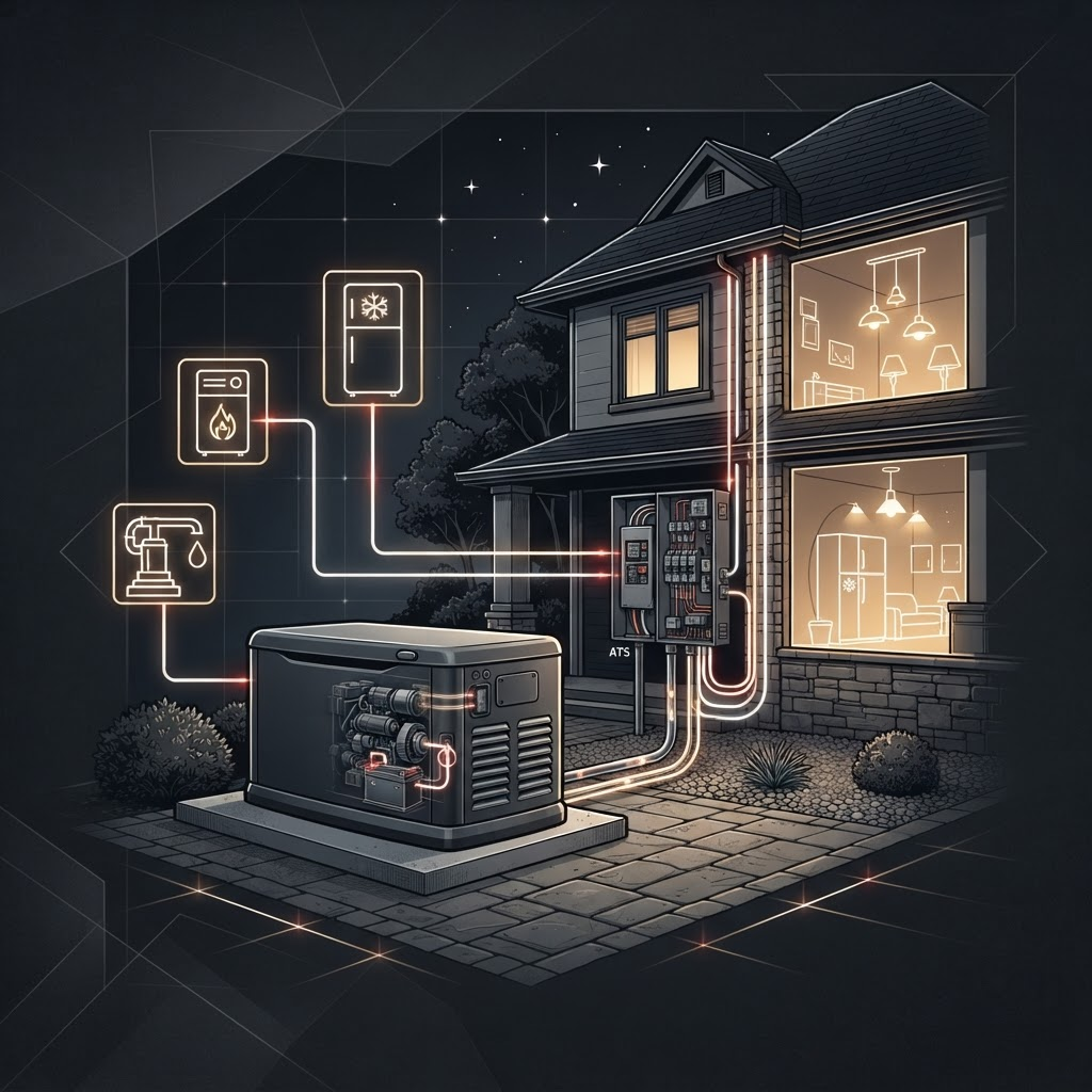 Technical illustration of a home standby generator connected to household electrical loads