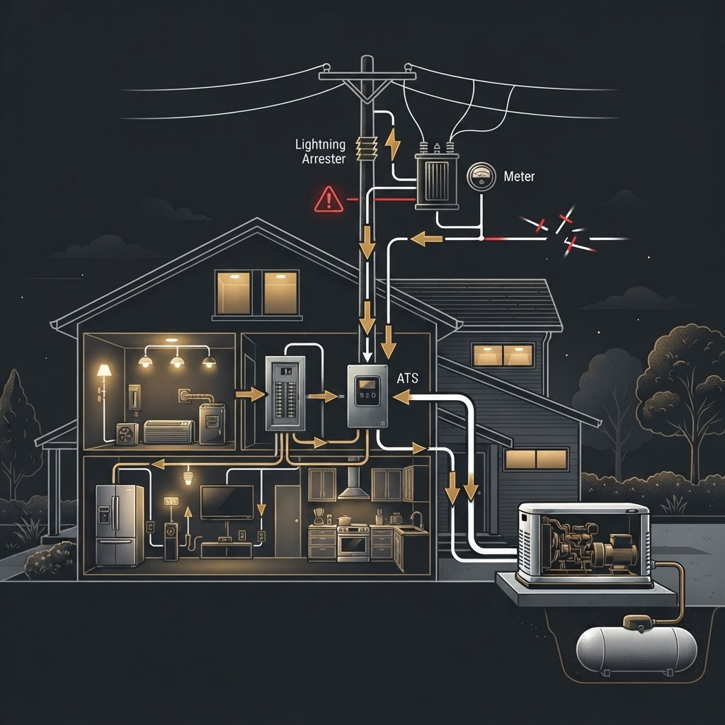 Technical diagram of a standby generator, transfer switch and home power flow