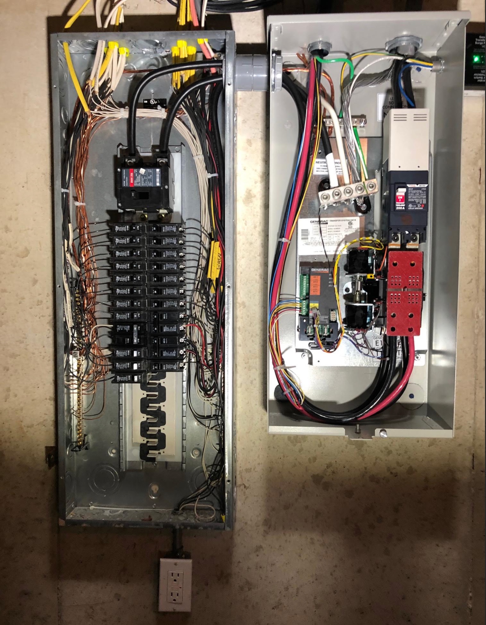 Open main breaker panel wired alongside a Generac automatic transfer switch